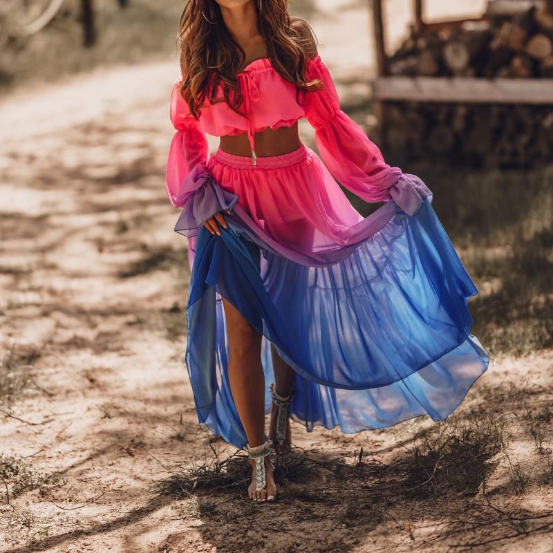 

Women's Swimwear 2022 Summer Two-Piece Outfits Tie-Dye Gradient Color Long Sleeve Tie-Up Crop Tops + High Waist Beach Skirt