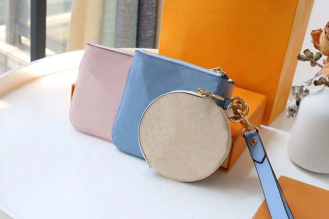 

M80407 trio pouch women bag ready-to-wear canvas embossed real Cowhide leather 3 three pouches summery colors Mini Circle zip wristlet clutch purse wallet with box, Pink