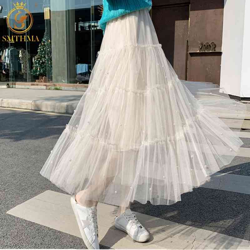 

Summer Vintage Women Elastic High Waist Mesh Beading Skirts Long Pleated Female Mujer Faldas 210520, Photo color