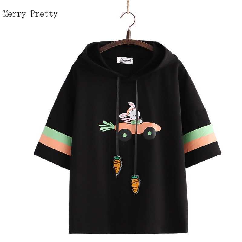 

Women Cartoon Print Short Sleeve Hoodies Summer Cotton Drawstring Hooded Sweatshirts Sweet Style Female Kawaii Cute Tops 210526, White