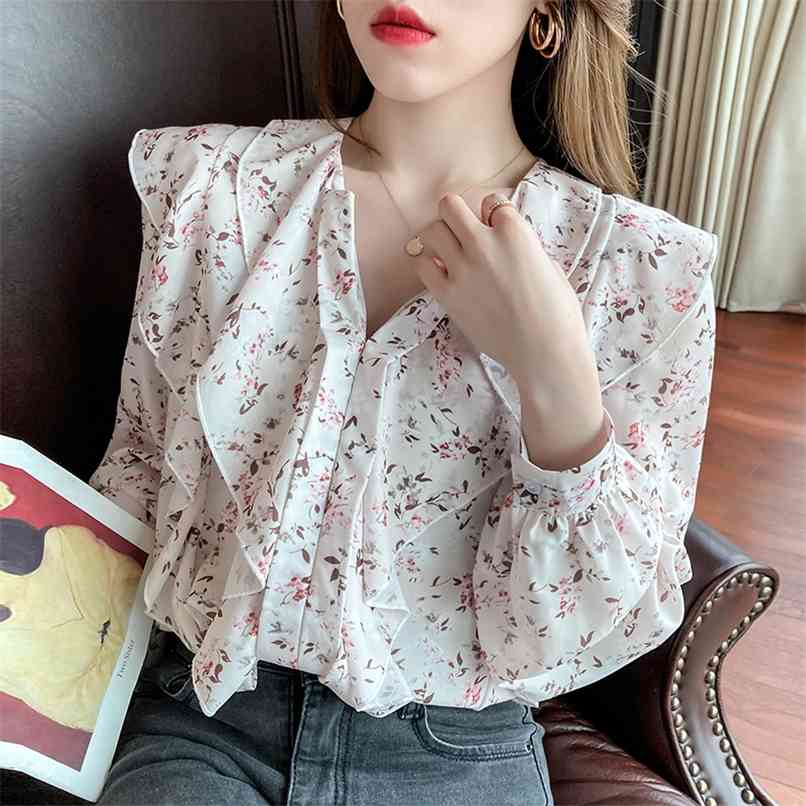 

Ruffled floral loose shirt spring slim long-sleeved chiffon French blouse women' casual sale 210520, The picture color