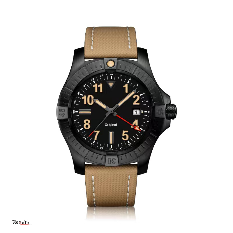 

High quality men's luxury mechanical watch automatic REQUIN Avenger brand black color three-hand calendar dial 1884 brown rubber leather strap stainless steel, Multi-color