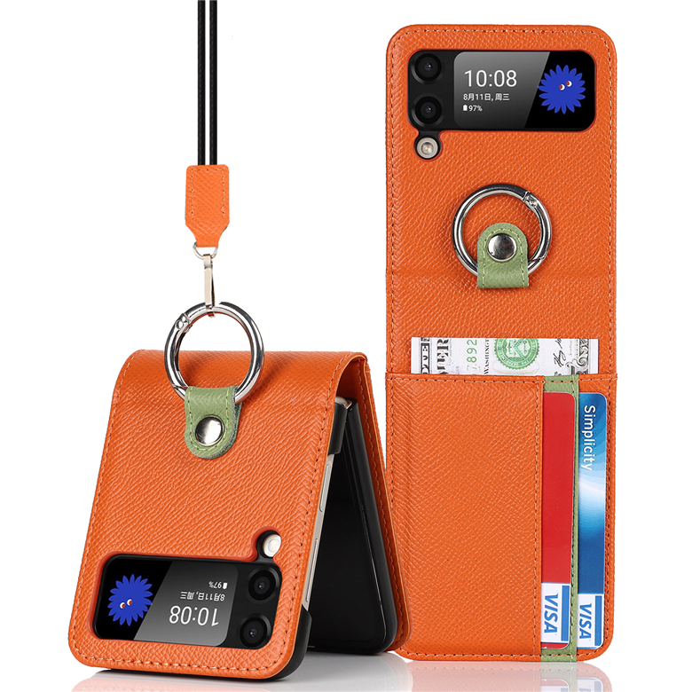 

Lanyard Genuine Leather Phone Case for Samsung Galaxy Z Flip3 5G Rope Bracelet Multiple Card Slots Wallet Clutch Protective Shell with Finger Ring Shockproof, Black