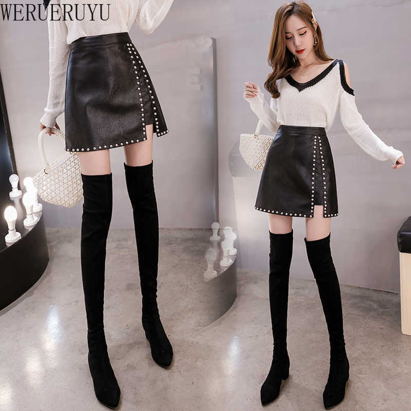 

WERUERUYU solid color pu leather skirt high waist buttons sexy mini pleated skirt fashion women autumn 210608, Photo color