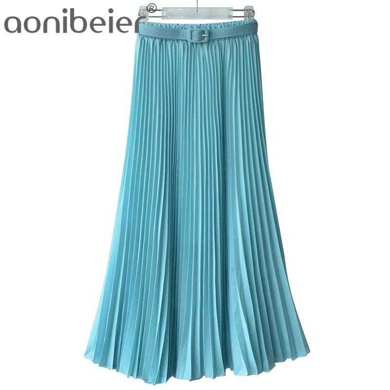 

Fashion Multicolor Ladies Long Skirts Elastic Waist Pleated High Casual Chiffon Elegant Women 210604, Beige