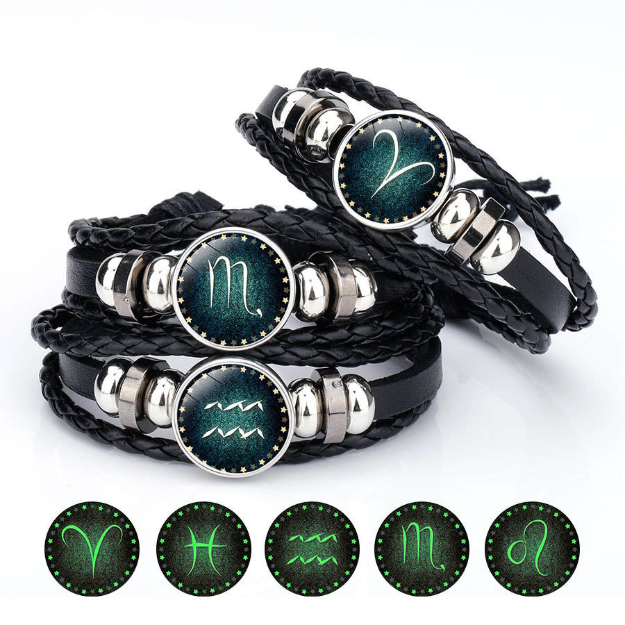 

12 Zodiac Sign Glow in the Dark Bracelet & Bangle for Women Men Glass Constellations Charm Leather Rope Chains Fashion Jewelry