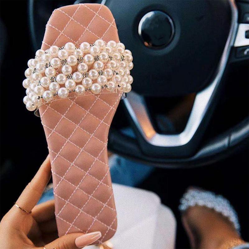 

2021Women Slippers Summer String Bead Ladies Square Toe Flat Outdoor Slides Fashion Female Pearl Open Beach Sandals, C-1