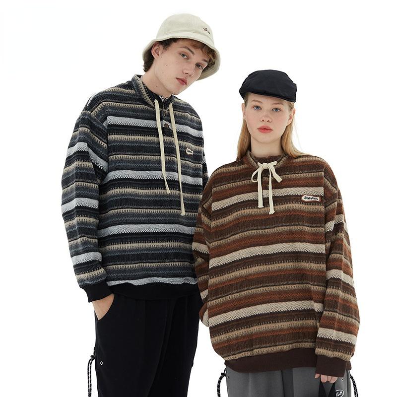 

Men's Sweaters Japanese Striped Sweater Lace Retro Pullover English Chapter Autumn Winter Couples Stand Collar Loose Contrast, White;black