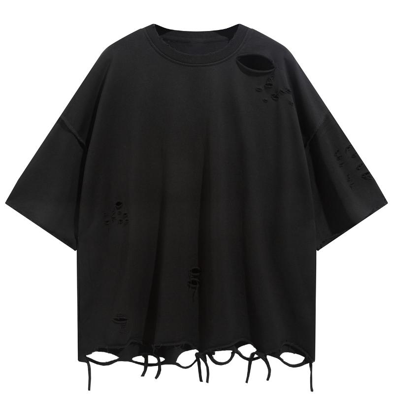 

Men' T-Shirts High Street Hip Hop Tshirts Ripped Distressed Destroyed Holes Solid Color Streetwear Harajuku Tee Shirts Cotton Tops, Black