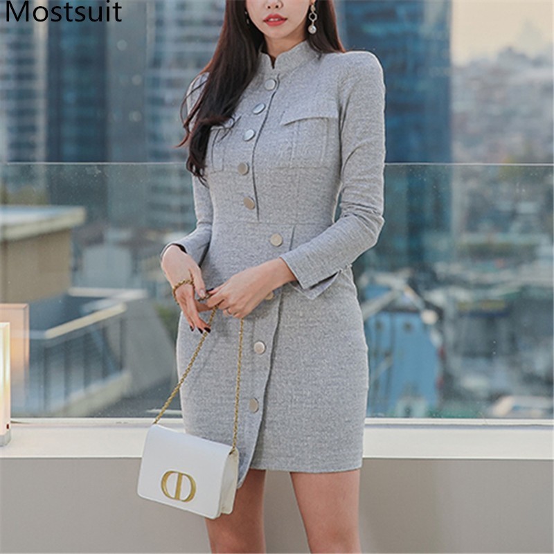 

Korean Single-breasted Women Pencil Mini Dress Spring Full Sleeve Stand Collar Elegant Office Streetwear Vestidos Femme 210518, Light blue