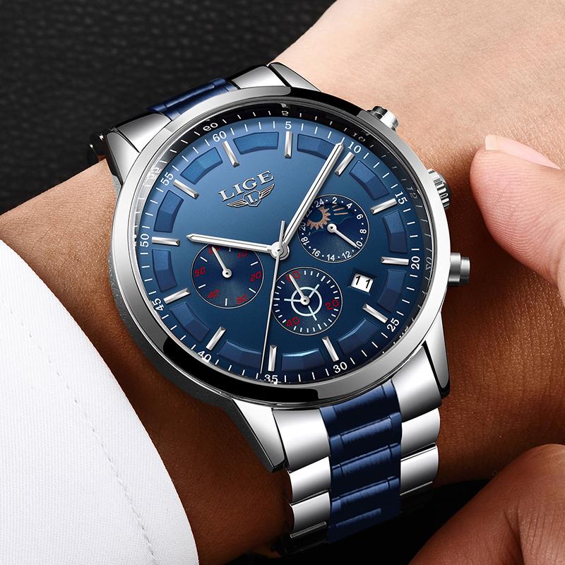 

Wristwatches 2021 LIGE Fashion Mens Watches Top Wateprproof Clock Silver Steel Big Dial Sport Chronograph Relogio Masculino, Black rose blue m