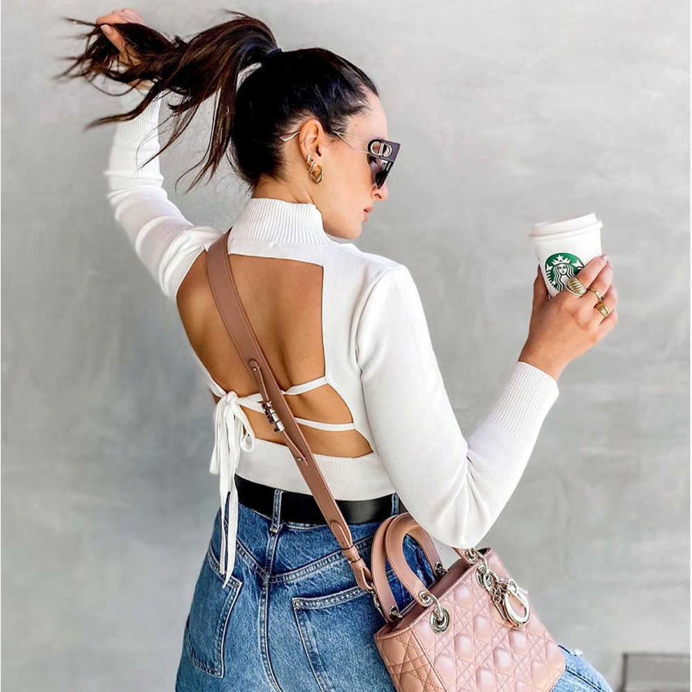 

Women Knit Sweater Backless High Neck Top Long sleeves Casual Fashion Woman Fitted Knitted sweaters Pullover Tops 210709, White