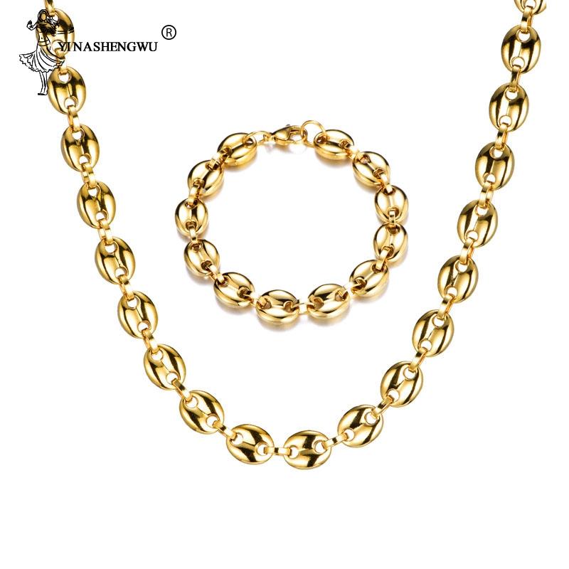 

Hop Width 11MM Stainless Steel Gold Silver Coffee Beans Link Chain Necklace Bracelets 316L For Men Jewelry Chains