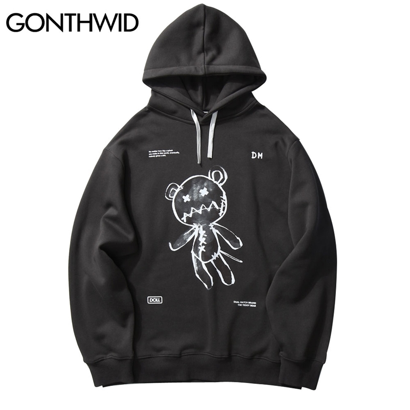

GONTHWID Harajuku Toy Bear Print Hooded Sweatshirts Streetwear Hip Hop Casual Pullover Hoodies Mens Fashion Outwear Tops 210720, Black
