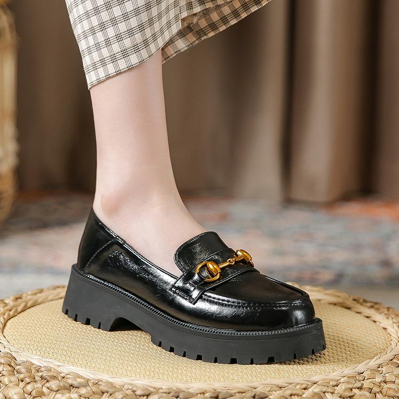 

Dress Shoes Black For Women Chunky Heel 4.5cm Leather Waterproof Fashion Girls Big Size 42 43 34 Round Head College Style