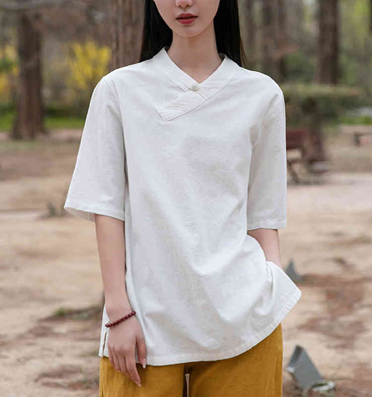 

Johnature Women V-neck Shirt Summer Retro Cotton Linen Shirt Solid Color Loose Blouse Simple Button Short Sleeve Tops 210521, Navy blue