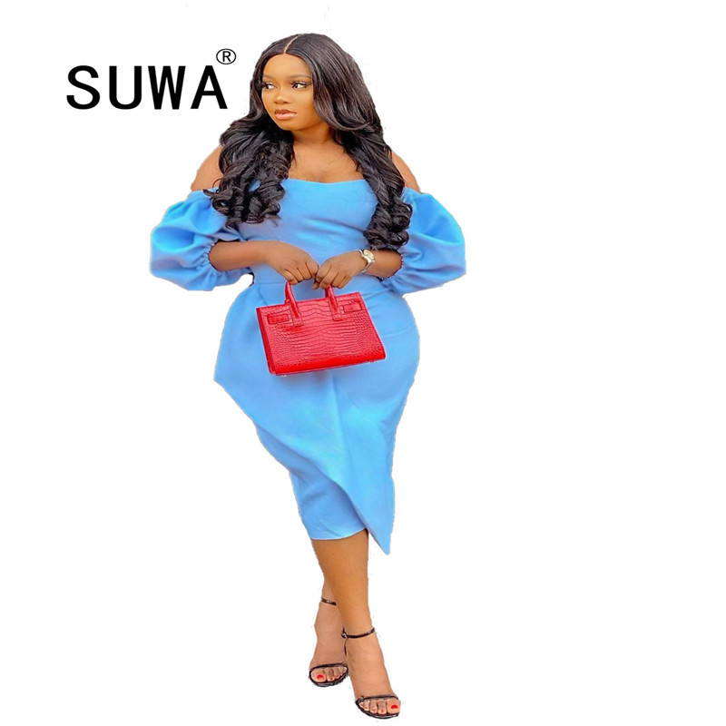 

Wholesale Woman Dress Office Robe Volant Femme Sexy Fashion Slash Neck High Waist Bodycon Women Clothes Elegant Vestidos 210525, Blue