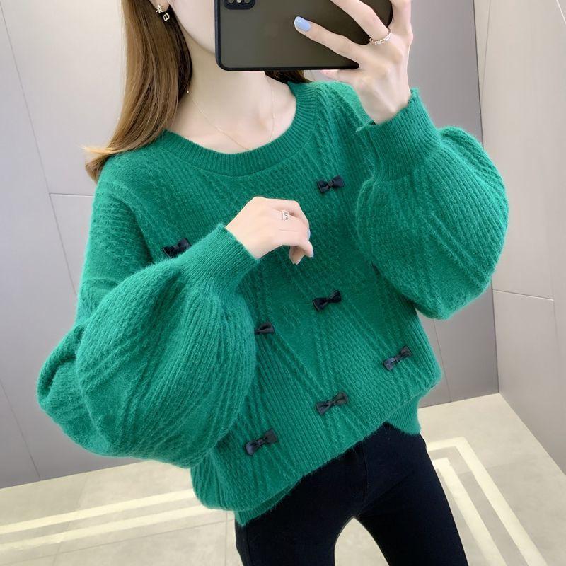 

Women's Sweaters Women Pullover Outer Wear Loose Sweater Female Lazy Wind Round Neck Lantern Sleeve Shirt 2021 Spring, Green