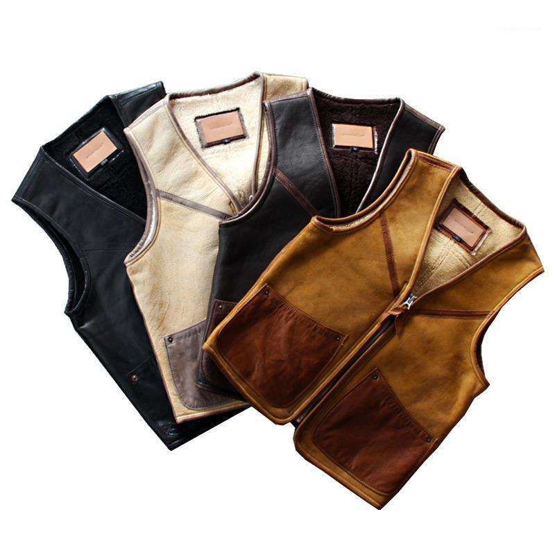 

Men's Leather & Faux 2021 Men Shearling Genuine Sheepskin Jacket Vest Fashion V-neck Wool Liner Winter Russia Coat Vests -4XL, Black