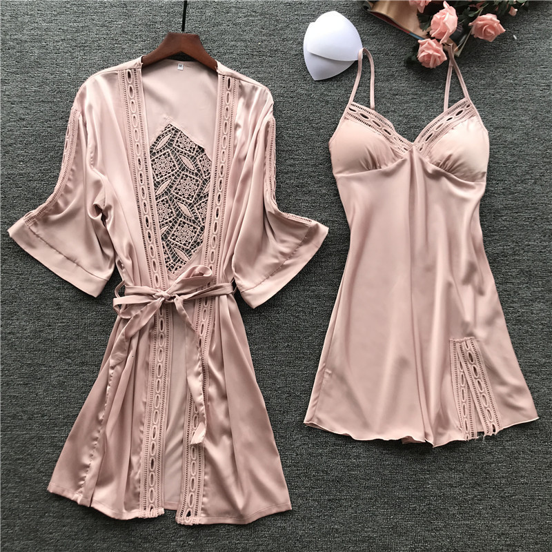 Sexy Pyjamas Spring New Camisole Pajamas Woman Robe Set Ice Silk Long Sleeve 2 Pcs Hollow Fashion Sleepwear W5HE-image-699711934