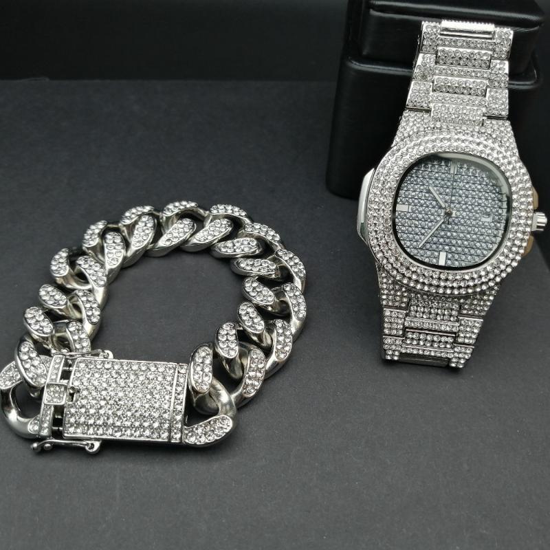 

Earrings & Necklace Hip Hop Men Gold Silver Color Bracelet Luxury Watch Out Crystal Miami Cuban Chain Braclete For