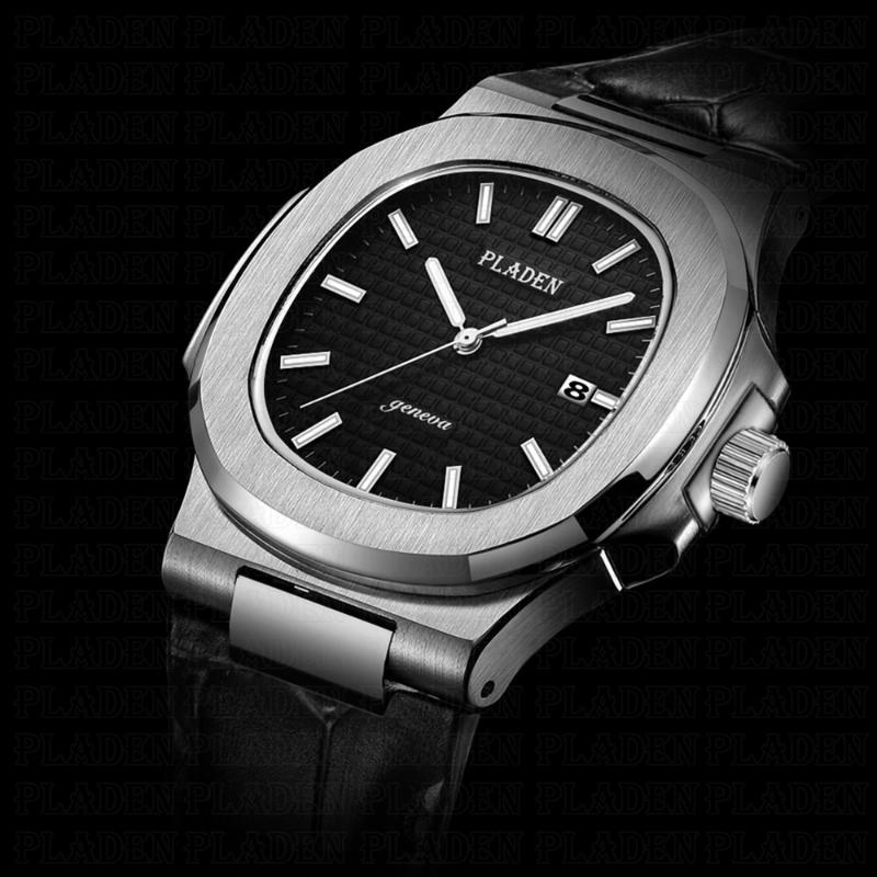 

Wristwatches PLADEN Men Watches 2021 Black Aquanaut Dial Stainless Steel Watch Leather Japan Quartz Movt Geneva #P1017, Pl1020
