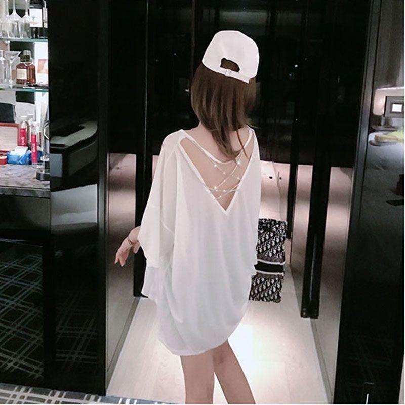 

Women's T-Shirt Medium Length Open Back Irregular Design Loose Chain Short Sleeve Female 2021 Korean Top, Black