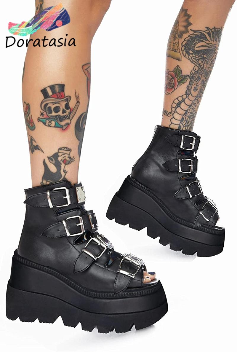 

Boots INS Brand Platform Wedges Goth Ankle Women Drop Buckle Peep Toe Multicolor Summer Shoes, Black