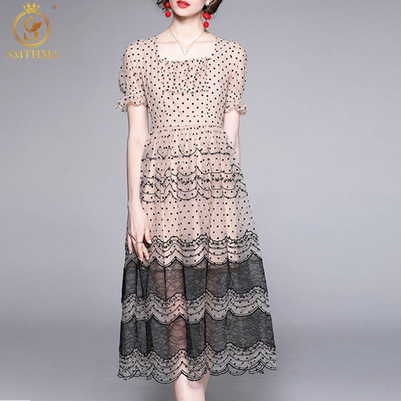 

Arrival Dot Print Patchwork Lace Dress Women's Short Sleeve Elegant Summer Dresses Vestidossses Vestidos 210520, Photo color