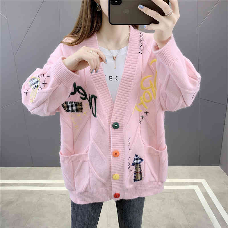 

Women's Sweaters blusas bordados vermelho grosso feminino cardigan quente casaco de malha bolso moda senhora solto bonito streetwear P2PR, 1# shoe box
