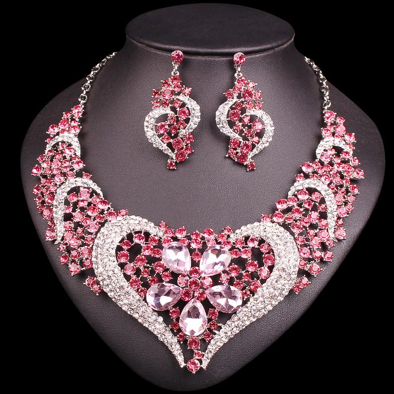 

Earrings & Necklace Fashion Bridal Jewelry Sets Rhinestone Crystal Statement Wedding Costume Jewellery Gift For Women, Silver