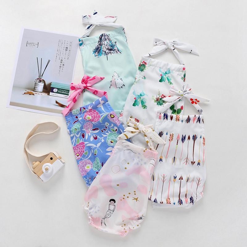 Baby Girl Romper Toddler Backless Halter Onesie Suspender Sling Jumpsuit Mermaid Cactus Floral Arrow Print Infant Outfit Kid Clothes Summer Cloth-image-681992976