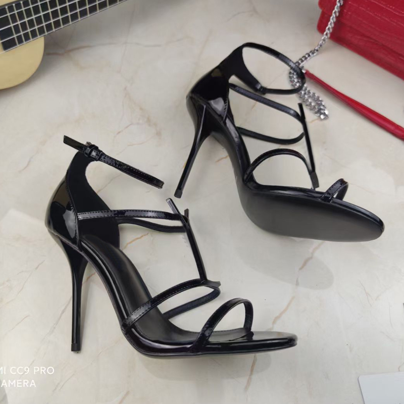 

designer women Sandals party fashion 100% leather Dance shoe new sexy heels Super 10cm Lady wedding Metal Belt buckle High Heel Woman shoes, Black