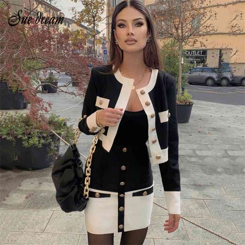 

High Street Summer Patchwork 2 Two-Piece Set O-Neck Long Sleeve Pocket Button Mini Bandage Dress Female Short Set 210708, As photo
