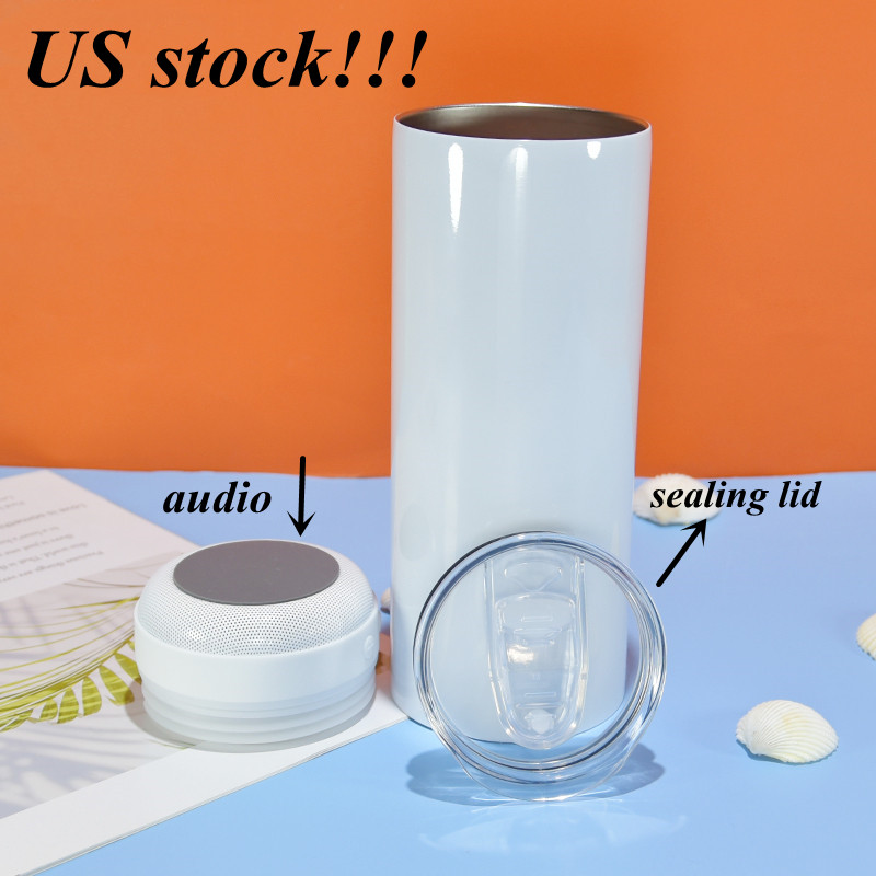 

US stock!!!sublimation Bluetooth speaker tumbler 20oz straight tumblers 5coloful Audio Stainless Steel bottom enjoy your music, Blank