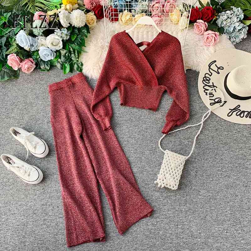 

Autumn Winter Vintage Two Piece Set Women Fashion Batwing Sleeve Sweater Tops + Loose Straight Pants Knitted Suits Woman Outfit 210602