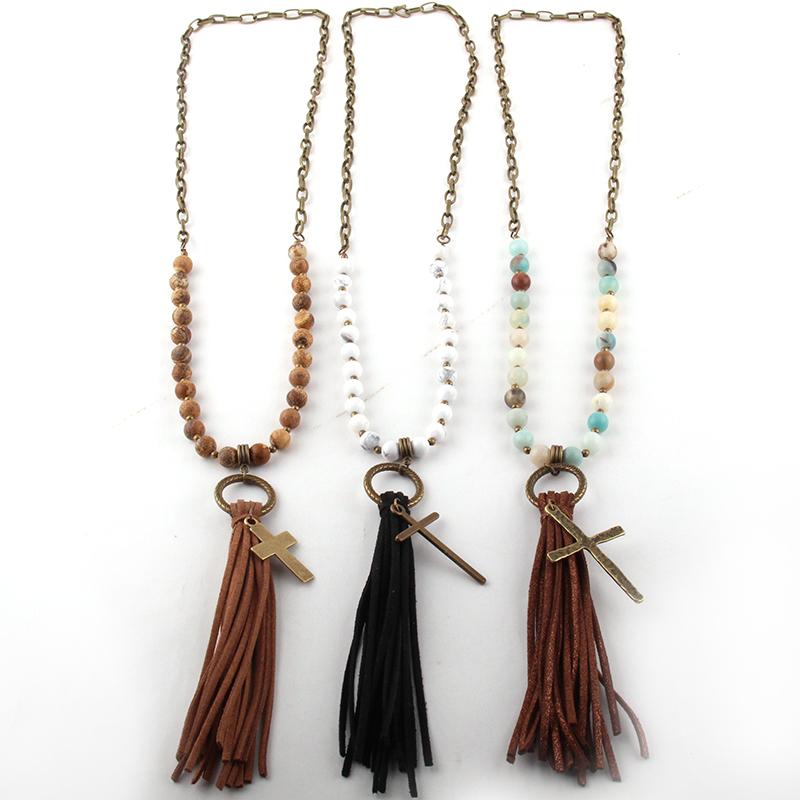 

Pendant Necklaces Fashion Jewelry Natural Stone Chain Cross Long Tassel Women Ethnic Necklace
