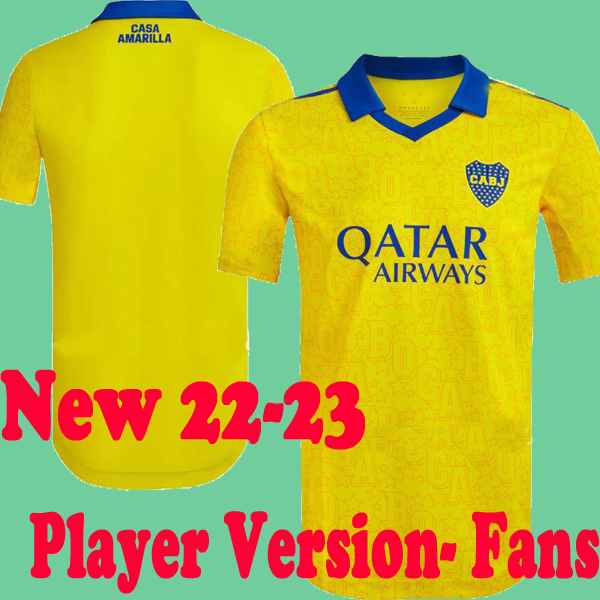 

New 22 23 Boca Juniors soccer jersey Player Version Fans CARLITOS MARADONA TEVEZ DE ROSSI 2022 2023 football shirt men + kids kit sets uniforms home away third 3rd yellow, 21 22 away with 1 patch