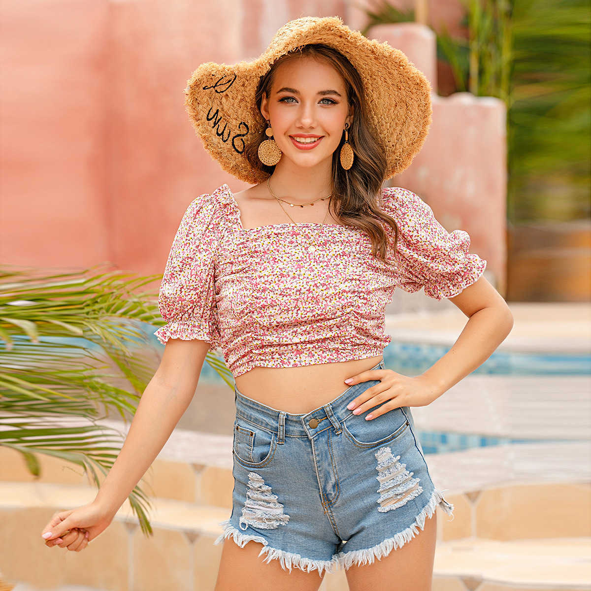 

Fashion Boho Printed Women T-Shirt Ruched Puff Sleeve Summer Holiday Tees W9155 210526, Pink