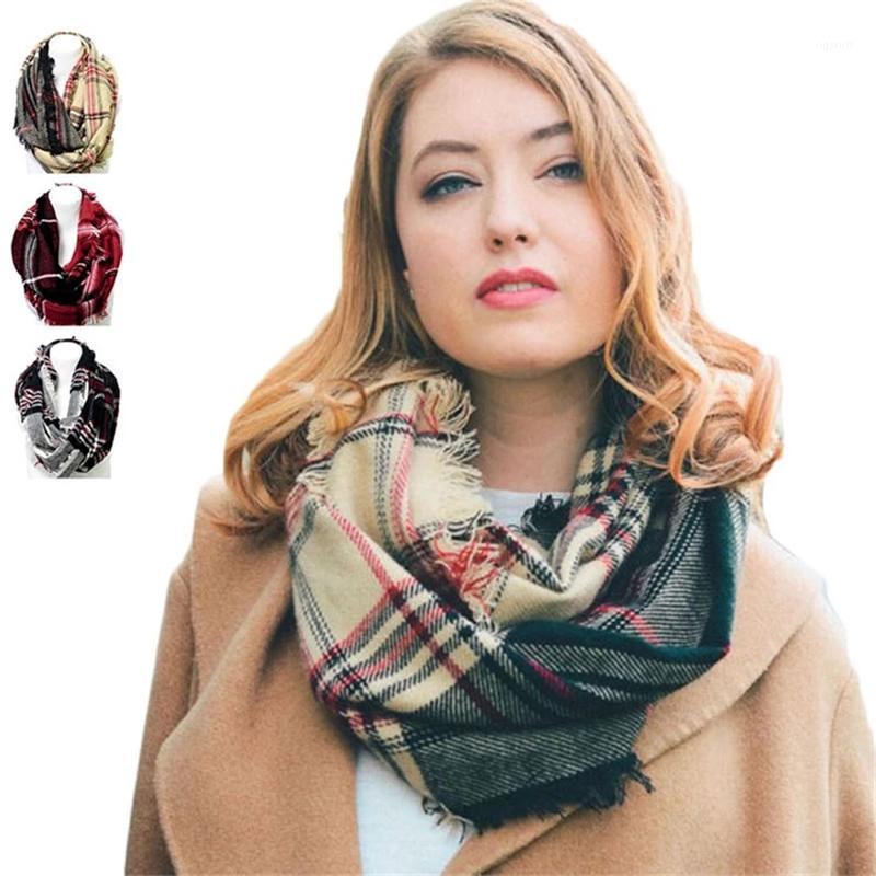 

Scarves 2021 Desgin Winter Chunky Infinity Acrylic Scarf Mixed Color Striped Plaid For Women Bufanda Invierno Mujer Blanket, Blue;gray