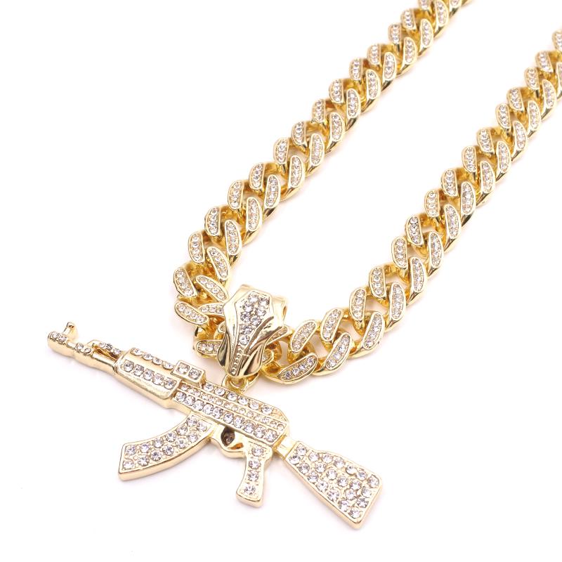 

Pendant Necklaces 13MM Cuban Hip Hop Submachine Gun Necklace Gold Silver Crystal Rhinestone Bling Chain Men Rapper Jewelry