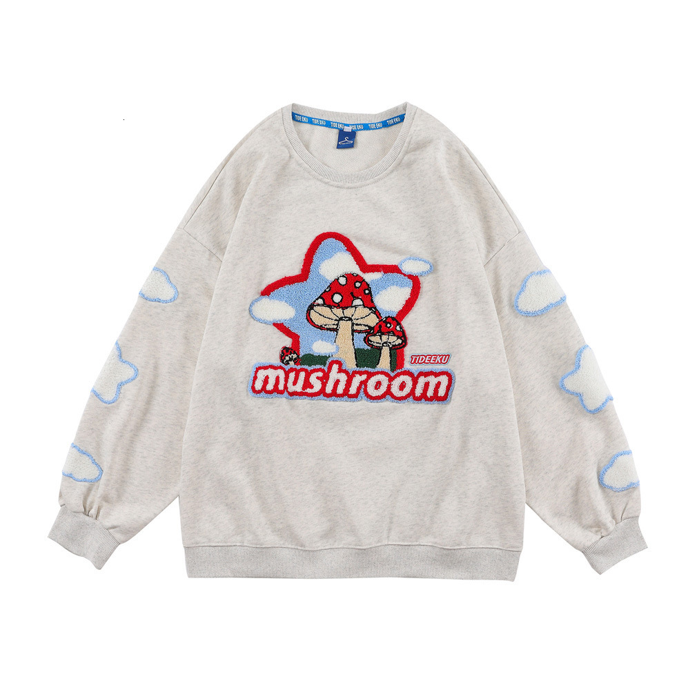 

Sweatshirts Cartoon embroidered hoodless sweater mens American fashion brand loose round neck long sleeve BF lazy style bottom Pullover Hoodie, Gray
