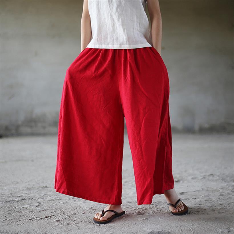 

summer wide leg casual women capris elastic waist trouser pockets loose cotton linen solid, Black;white
