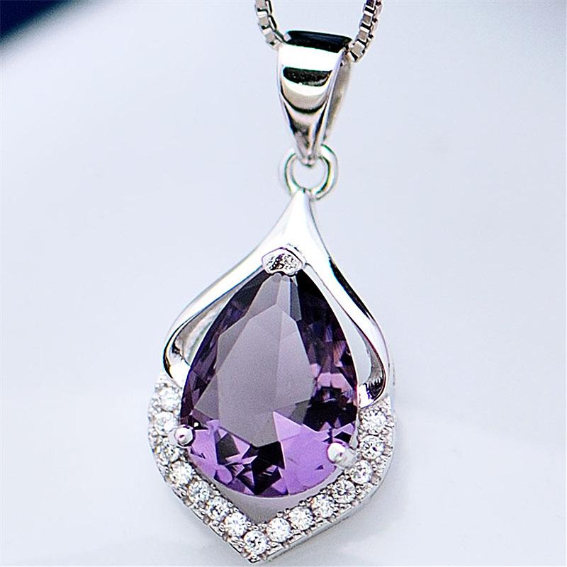 

Pendant Necklaces Elegant Women Water Drop Shaped CZ Purple Crystal Wedding Jewelry Fashion Silver Plated Rhinestone Party Accessories