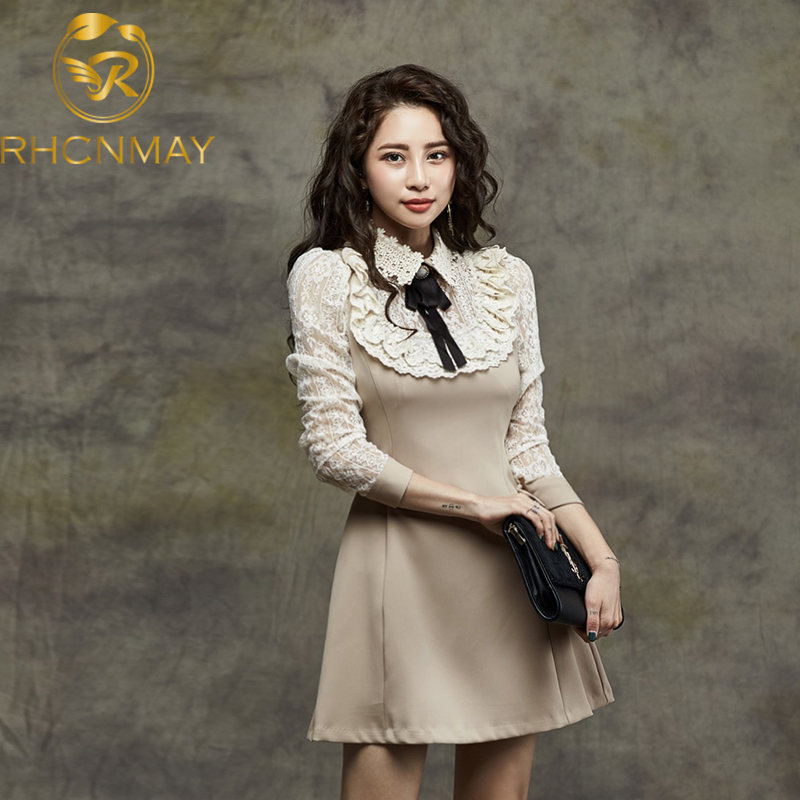 

2021 women fashion temperament slim lapel women dress lace bow patchwork dress spring and autumn new female dressesswimwear bathing suits sw, Black;gray