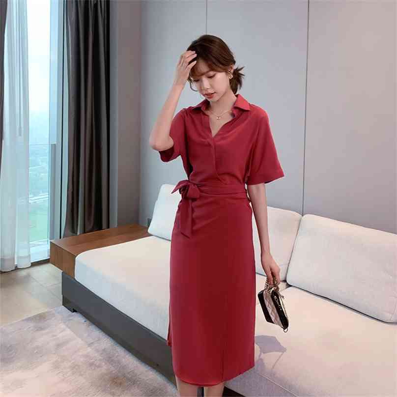 

Red Midi Dress for wome summer short sleeve V neck polyester Ladies Office happy Party Dresses 210602
