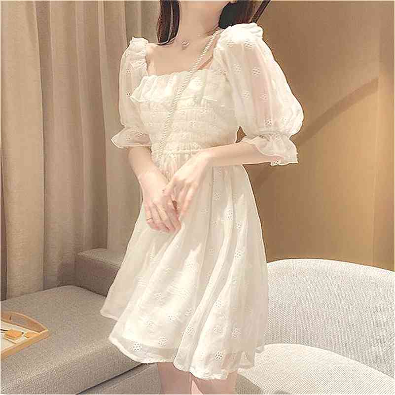 

French Summer Dress Women White Puff Sleeve Korean Style Fairy Dress Lace Chiffon Japan Style Kawaii Elegant Vintage Dress 210630