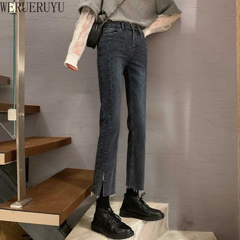 

WERUERUYU Autumn Women Wide Leg Jeans Pants Trouser Legs Side Split Drape Casual Pants Denim Trousers Boyfriend Jeans 210608, Blue
