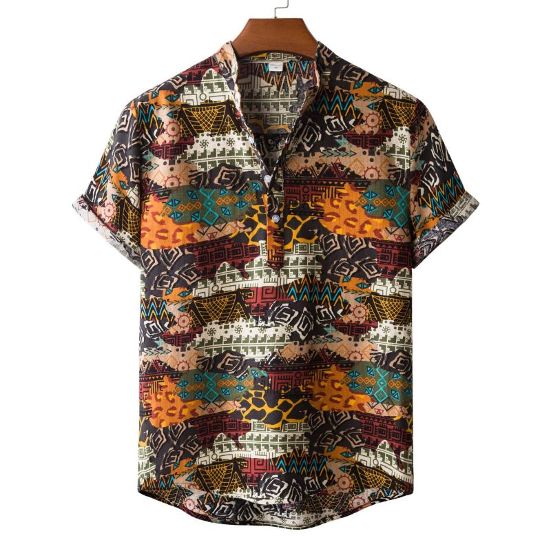 

Funny stitching Hawaiian style men' short-sleeved shirt geometric printing party beach daily casual top lapel, Orange