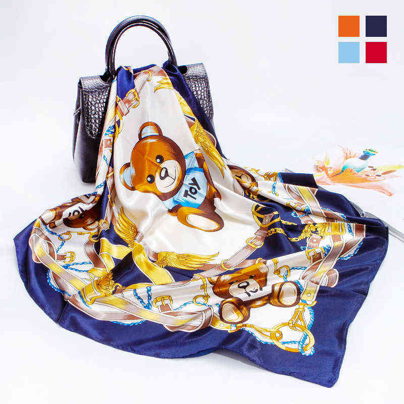 

Bear Printed Silk Scarf Women 2021 Spring New Imitation Silk Satin Square Scarf Turban Shawl Wholesale Hijab Y1108